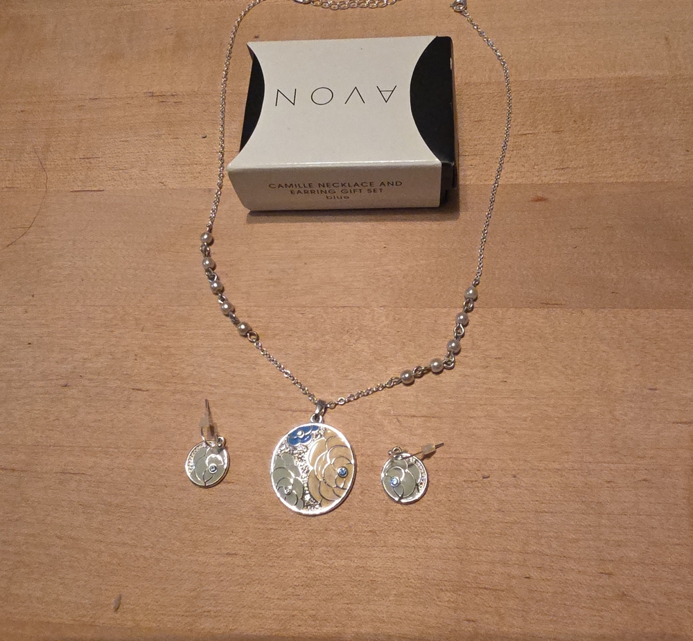 Avon Silver Floral Disc Necklace and Drop Earring Set